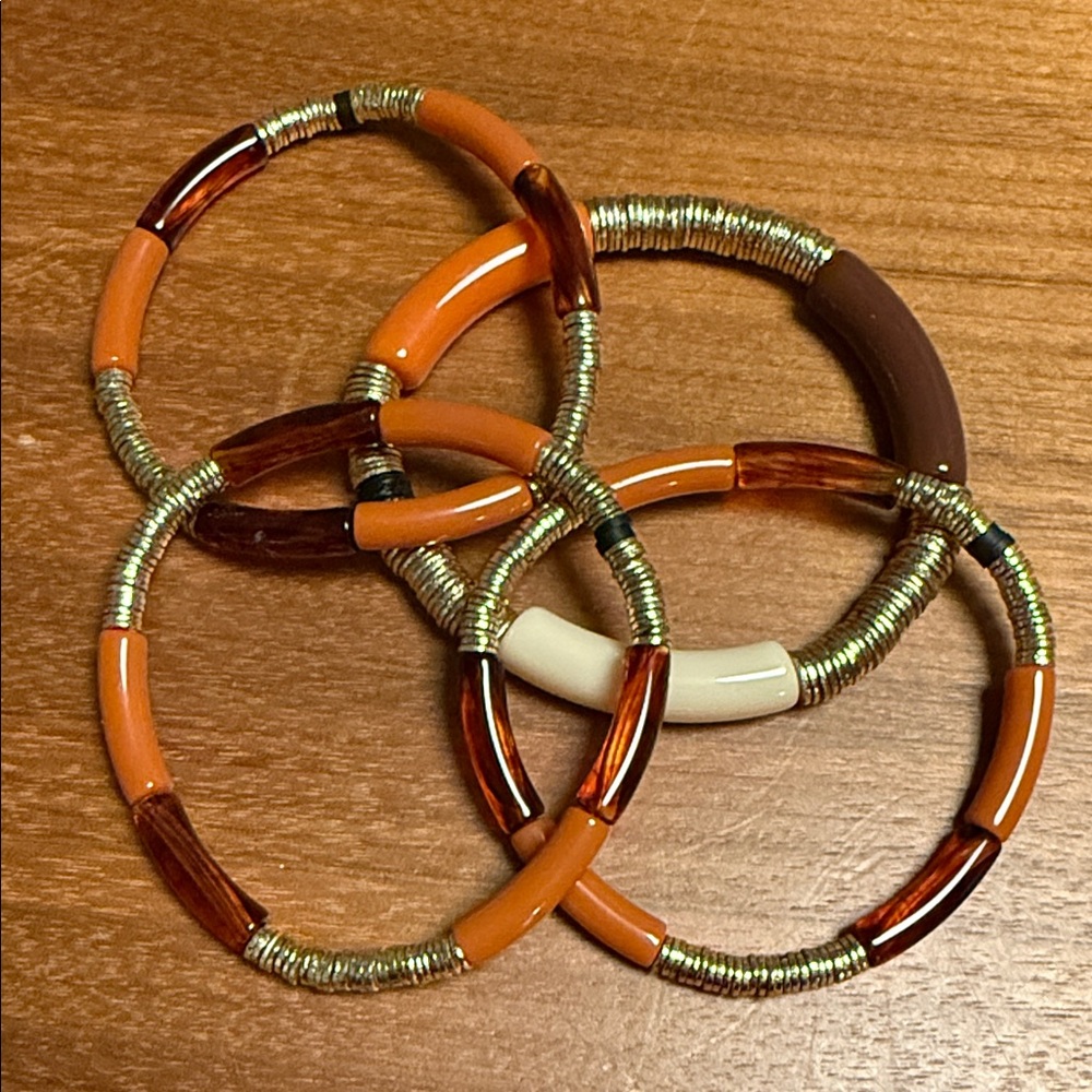 Set of 4 Allie+Bess Orange Brown and Gold Beaded Zo Bracelets Set